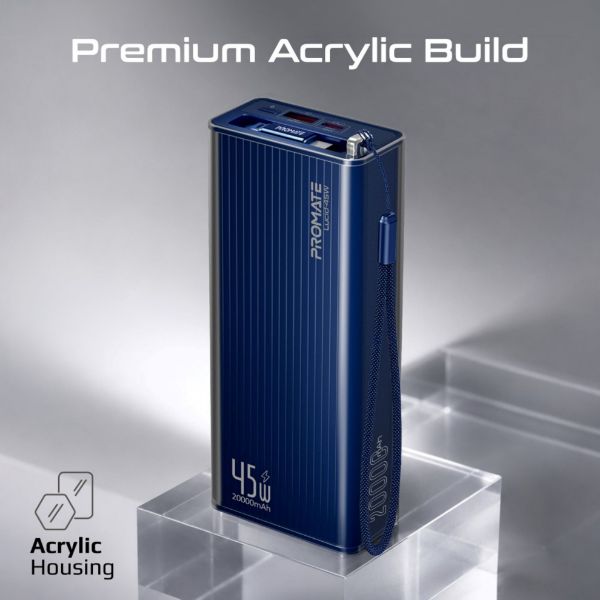 Picture of 20000mAh 45W PD Power Bank with Retractable USB-C Cable & LED Display. Blue Clear-case.
