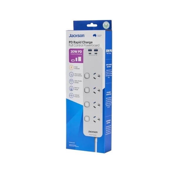 Picture of Jackson 4 Outlet Switched Powerboard, 20W USB-A + USB-C