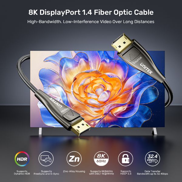 Picture of 15M Ultrapro DisplayPort Active Optical Cable. Up to 8K@60Hz & 4K@120Hz.