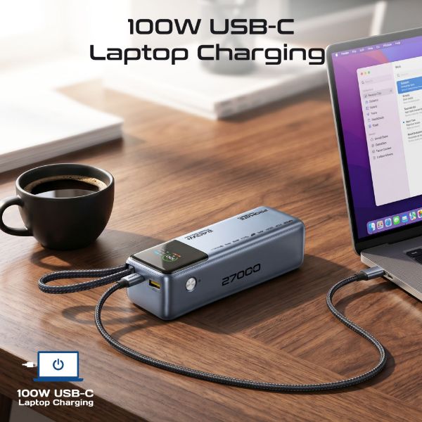 Picture of 27000mAh 240W PD Power Bank with USB-C Cable & Smart LCD Screen.