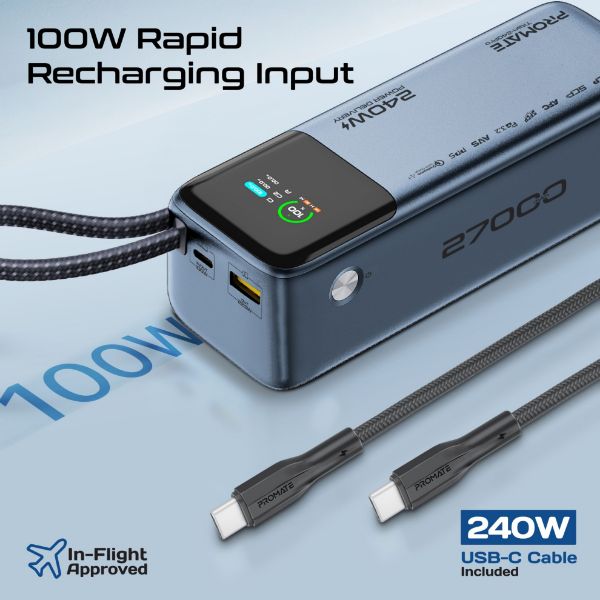 Picture of 27000mAh 240W PD Power Bank with USB-C Cable & Smart LCD Screen.