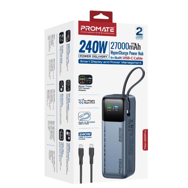 Picture of 27000mAh 240W PD Power Bank with USB-C Cable & Smart LCD Screen.