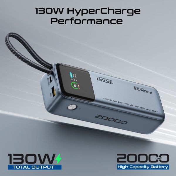 Picture of 20000mAh 130W PD Power Bank with USB-C Cable & Smart LCD Screen.