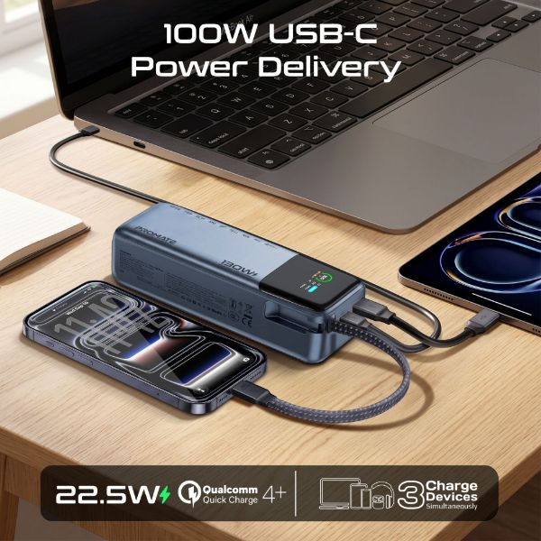 Picture of 20000mAh 130W PD Power Bank with USB-C Cable & Smart LCD Screen.