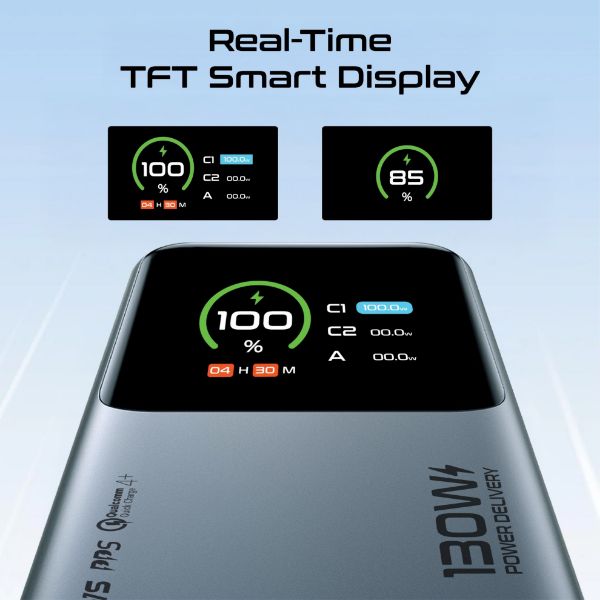 Picture of 20000mAh 130W PD Power Bank with USB-C Cable & Smart LCD Screen.