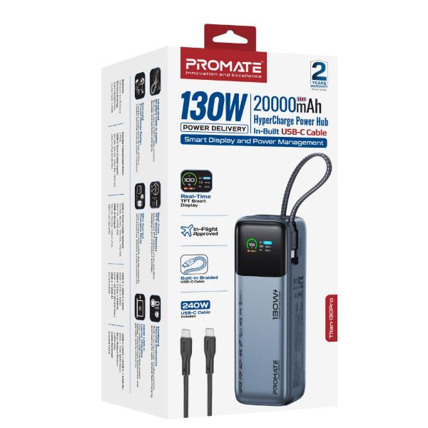 Picture of 20000mAh 130W PD Power Bank with USB-C Cable & Smart LCD Screen.