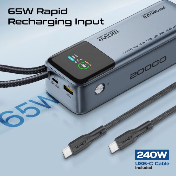 Picture of 20000mAh 130W PD Power Bank with USB-C Cable & Smart LCD Screen.