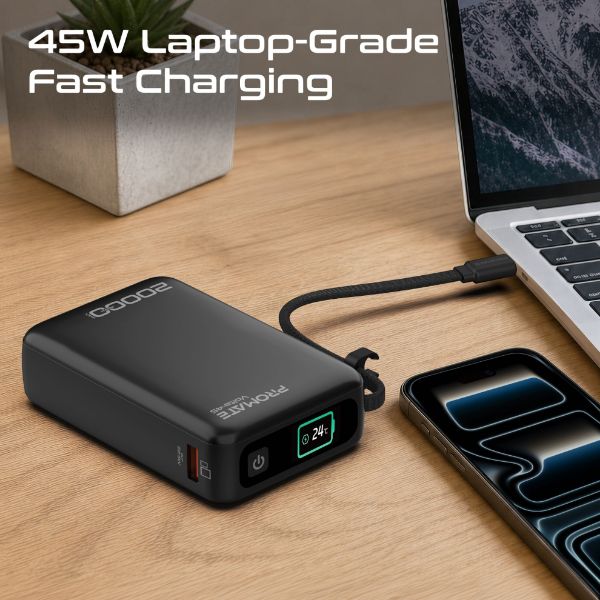 Picture of 20000mAh 45W PD Power Bank with Built-in USB-C Cable & Intelligent Display. Black
