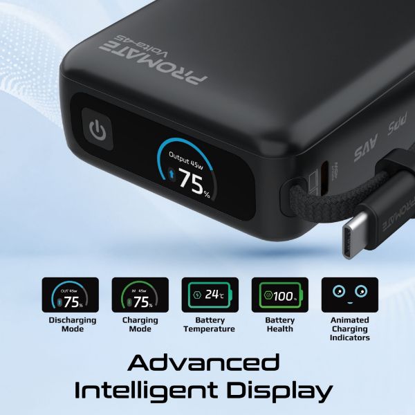 Picture of 20000mAh 45W PD Power Bank with Built-in USB-C Cable & Intelligent Display. Black