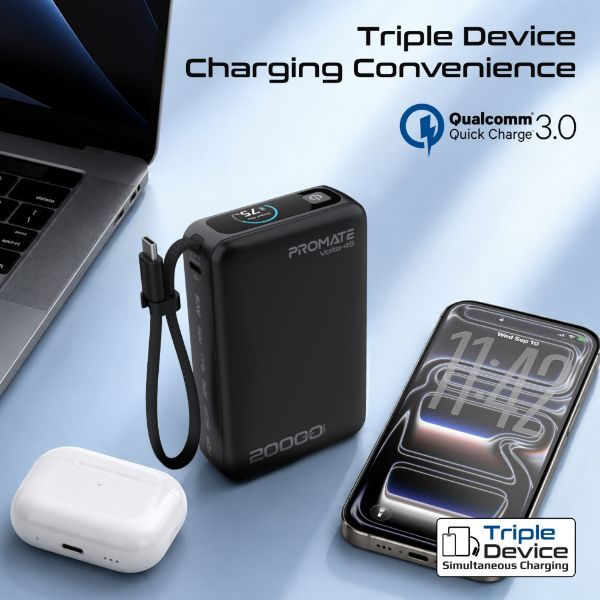 Picture of 20000mAh 45W PD Power Bank with Built-in USB-C Cable & Intelligent Display. Black