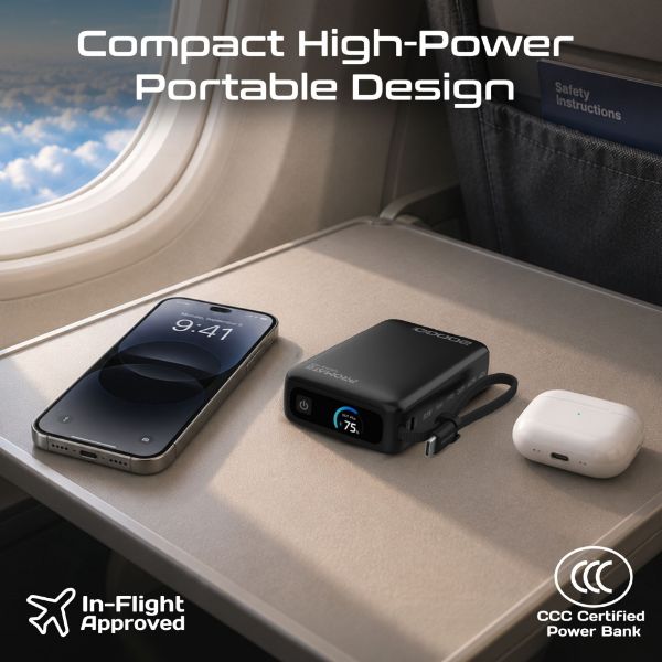 Picture of 20000mAh 45W PD Power Bank with Built-in USB-C Cable & Intelligent Display. Black