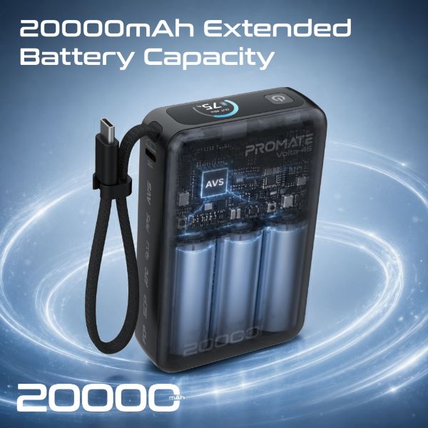 Picture of 20000mAh 45W PD Power Bank with Built-in USB-C Cable & Intelligent Display. Black
