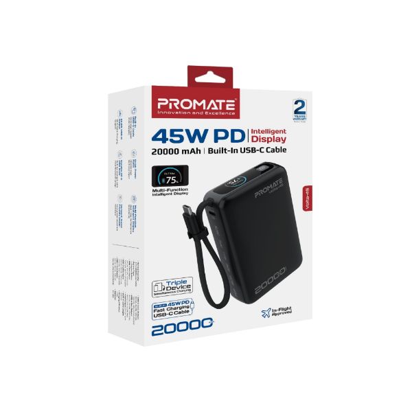Picture of 20000mAh 45W PD Power Bank with Built-in USB-C Cable & Intelligent Display. Black