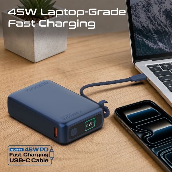 Picture of 20000mAh 45W PD Power Bank with Built-in USB-C Cable & Intelligent Display. Blue
