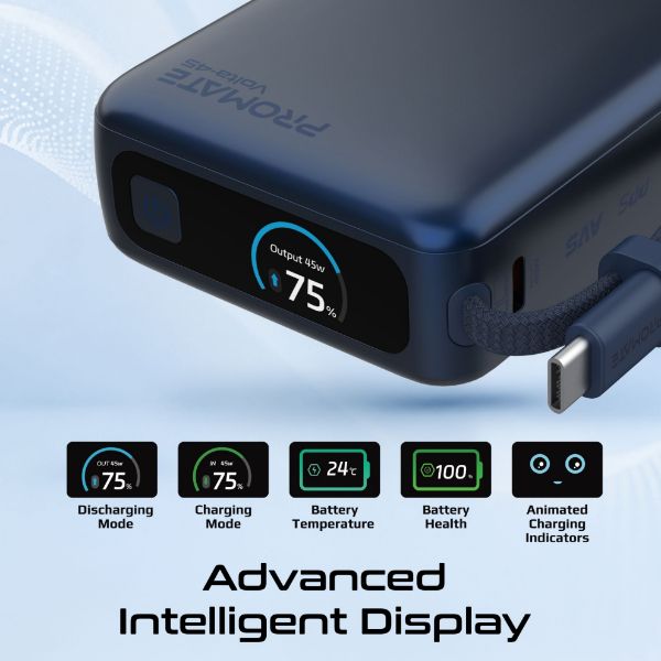 Picture of 20000mAh 45W PD Power Bank with Built-in USB-C Cable & Intelligent Display. Blue