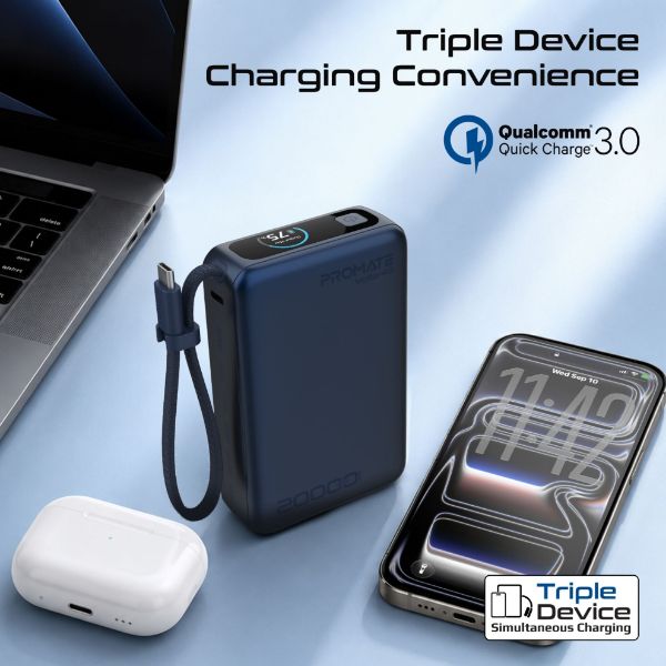 Picture of 20000mAh 45W PD Power Bank with Built-in USB-C Cable & Intelligent Display. Blue