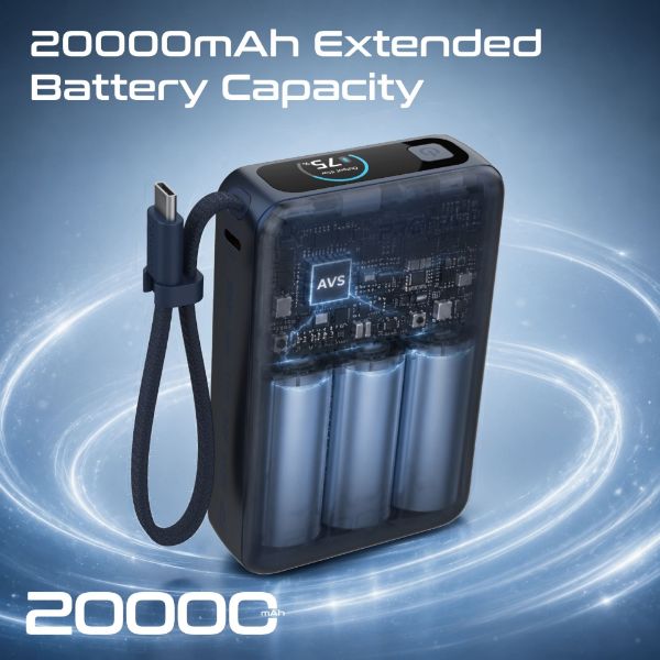 Picture of 20000mAh 45W PD Power Bank with Built-in USB-C Cable & Intelligent Display. Blue
