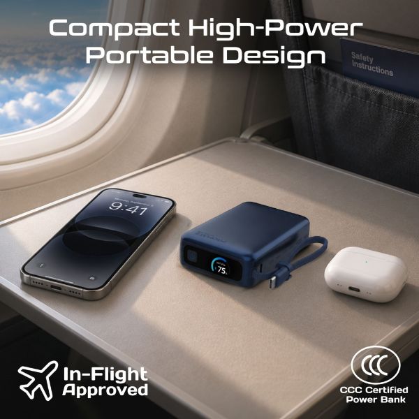 Picture of 20000mAh 45W PD Power Bank with Built-in USB-C Cable & Intelligent Display. Blue