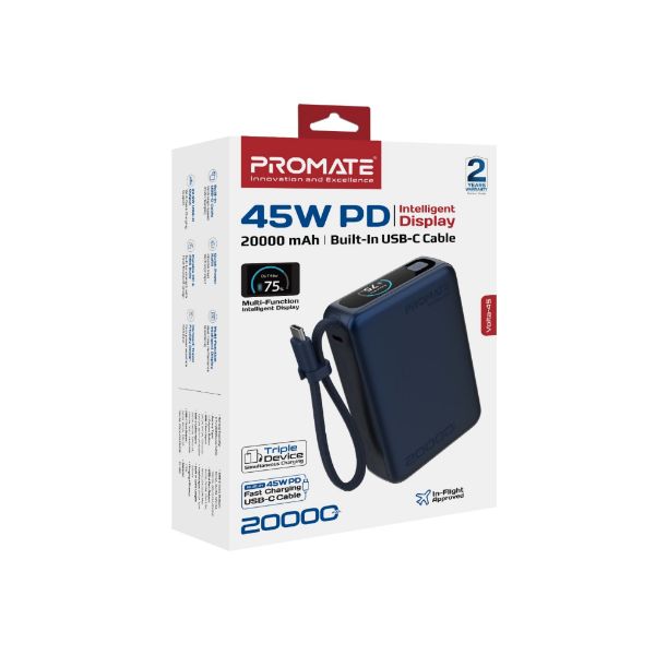Picture of 20000mAh 45W PD Power Bank with Built-in USB-C Cable & Intelligent Display. Blue