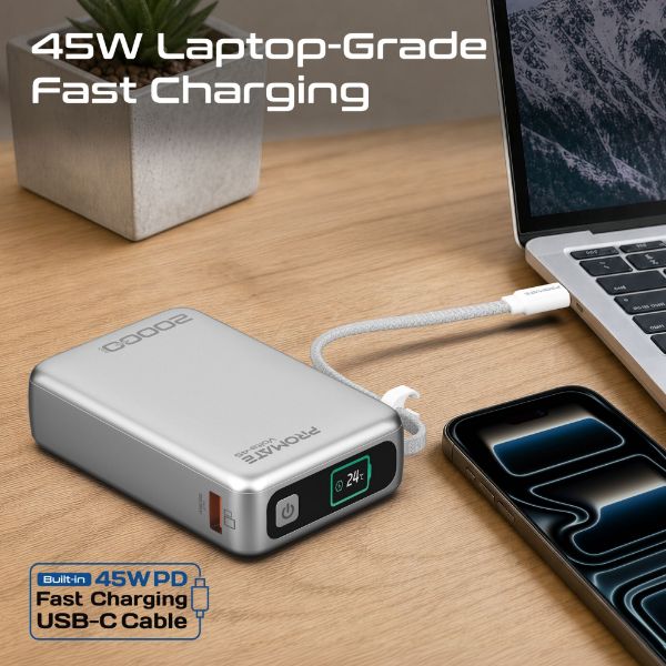 Picture of 20000mAh 45W PD Power Bank with Built-in USB-C Cable & Intelligent Display. White