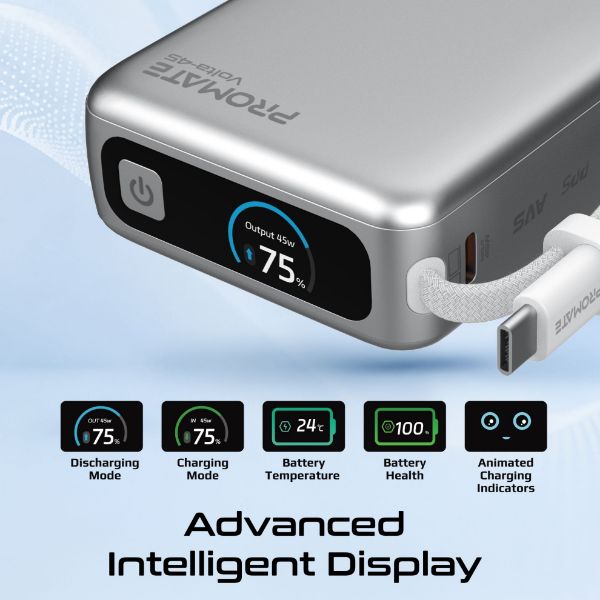 Picture of 20000mAh 45W PD Power Bank with Built-in USB-C Cable & Intelligent Display. White