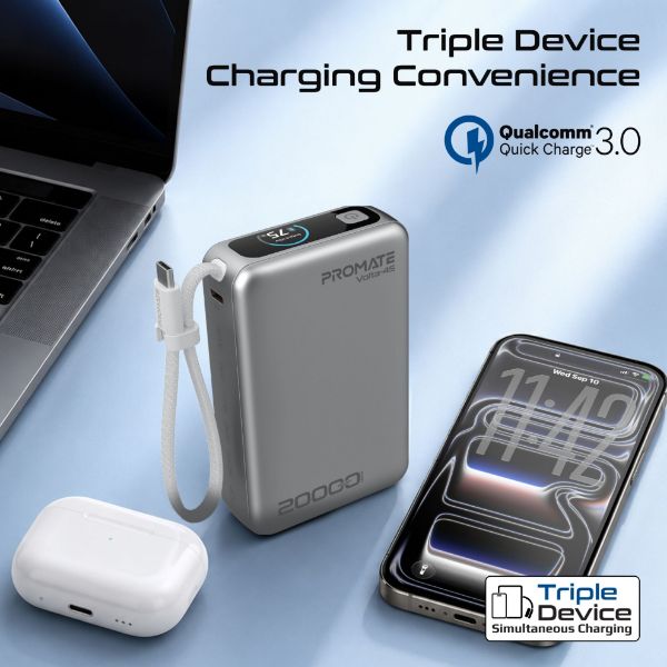 Picture of 20000mAh 45W PD Power Bank with Built-in USB-C Cable & Intelligent Display. White