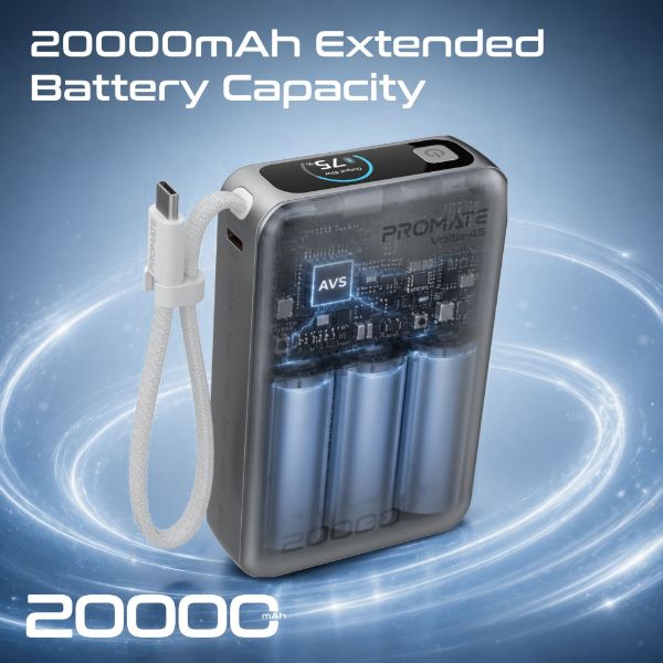 Picture of 20000mAh 45W PD Power Bank with Built-in USB-C Cable & Intelligent Display. White