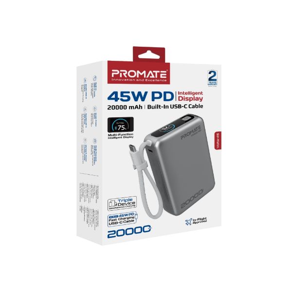 Picture of 20000mAh 45W PD Power Bank with Built-in USB-C Cable & Intelligent Display. White