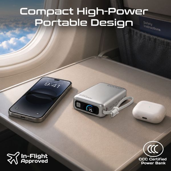 Picture of 20000mAh 45W PD Power Bank with Built-in USB-C Cable & Intelligent Display. White