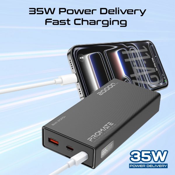 Picture of 20000mAh Super Slim Smart Charging Power Bank 35W Dual USB-C & 1x USB-A. Black