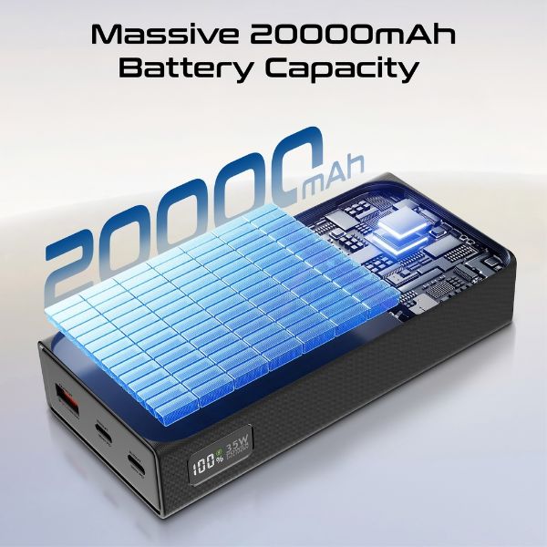 Picture of 20000mAh Super Slim Smart Charging Power Bank 35W Dual USB-C & 1x USB-A. Black