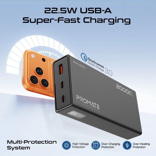 Picture of 20000mAh Super Slim Smart Charging Power Bank 35W Dual USB-C & 1x USB-A. Black