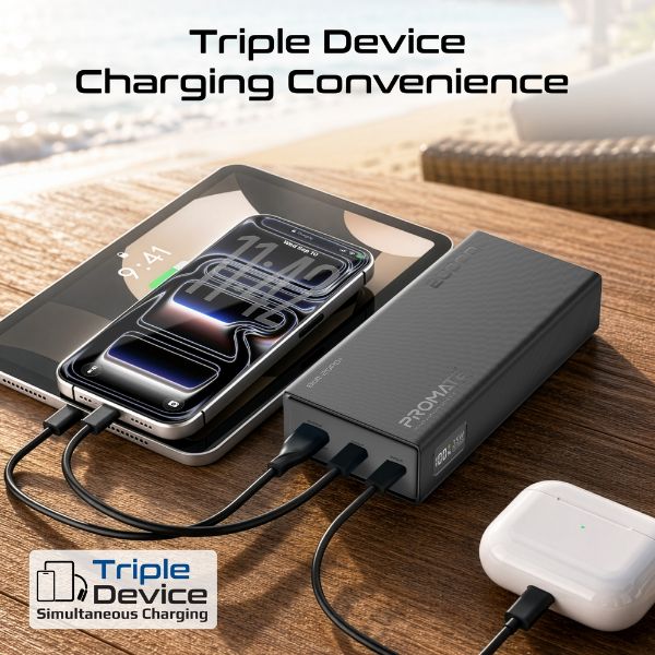 Picture of 20000mAh Super Slim Smart Charging Power Bank 35W Dual USB-C & 1x USB-A. Black