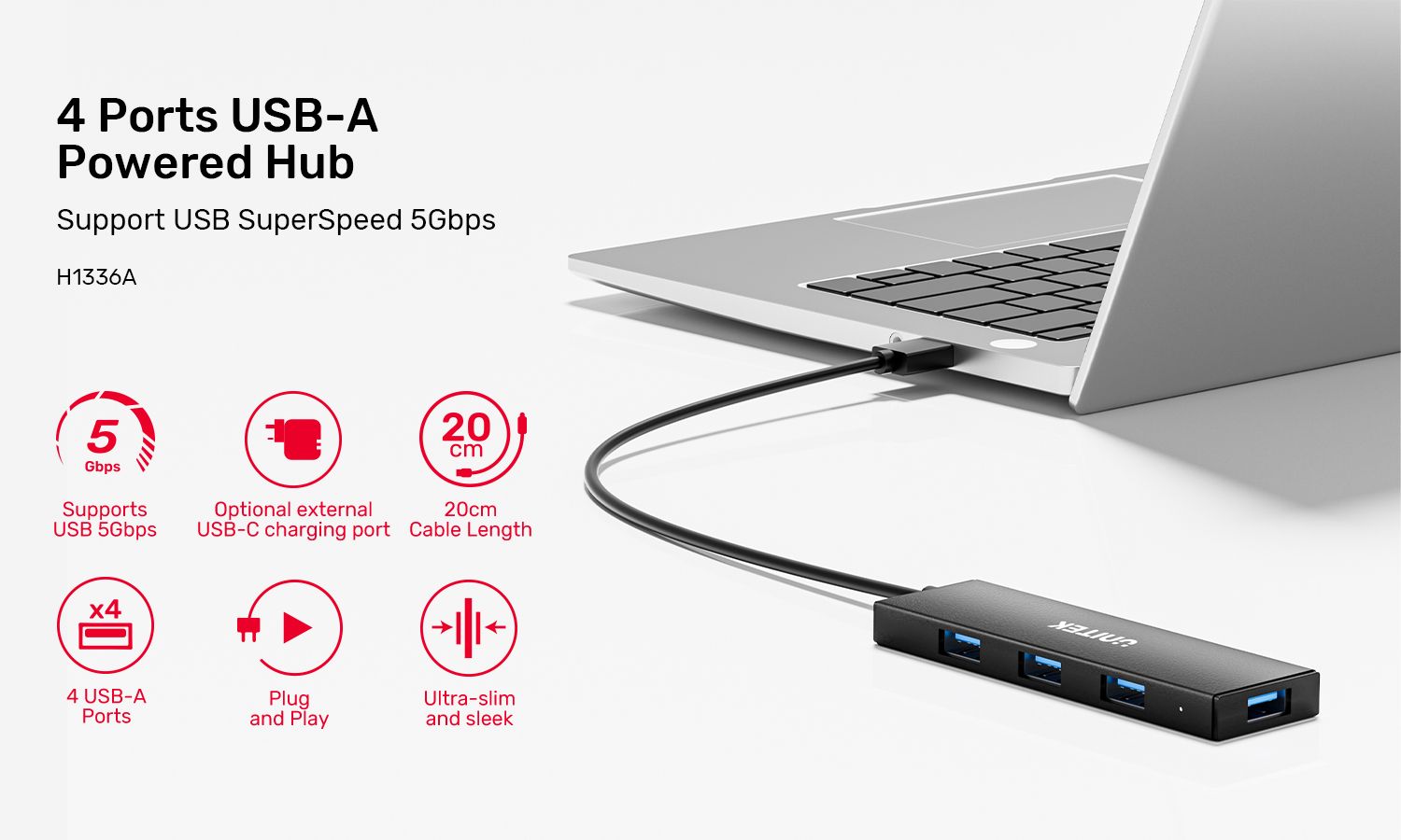 UNITEK 4-Port USB-A 5Gbps Powered Hub