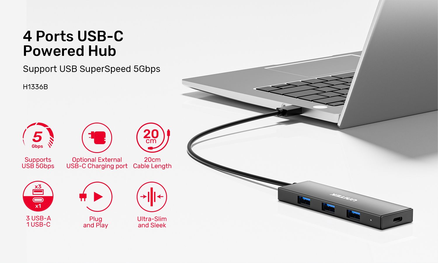 UNITEK 4-Port USB-C Powered Hub