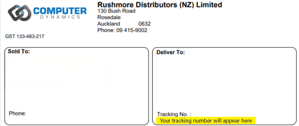 Invoice screenshot showing tracking number